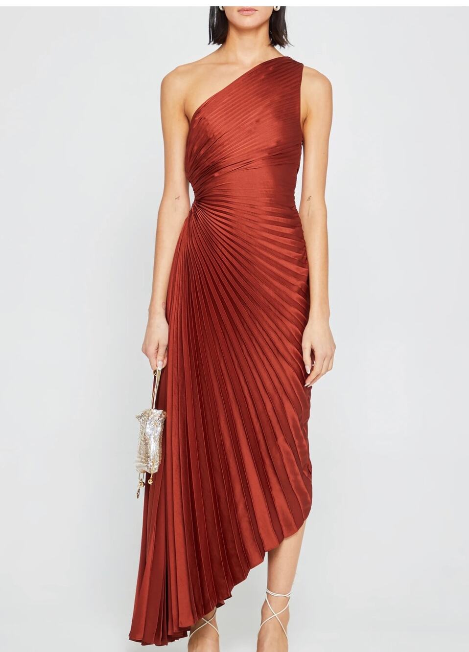 New O.P.T Perko rust brown pleated one shoulder dress sz M